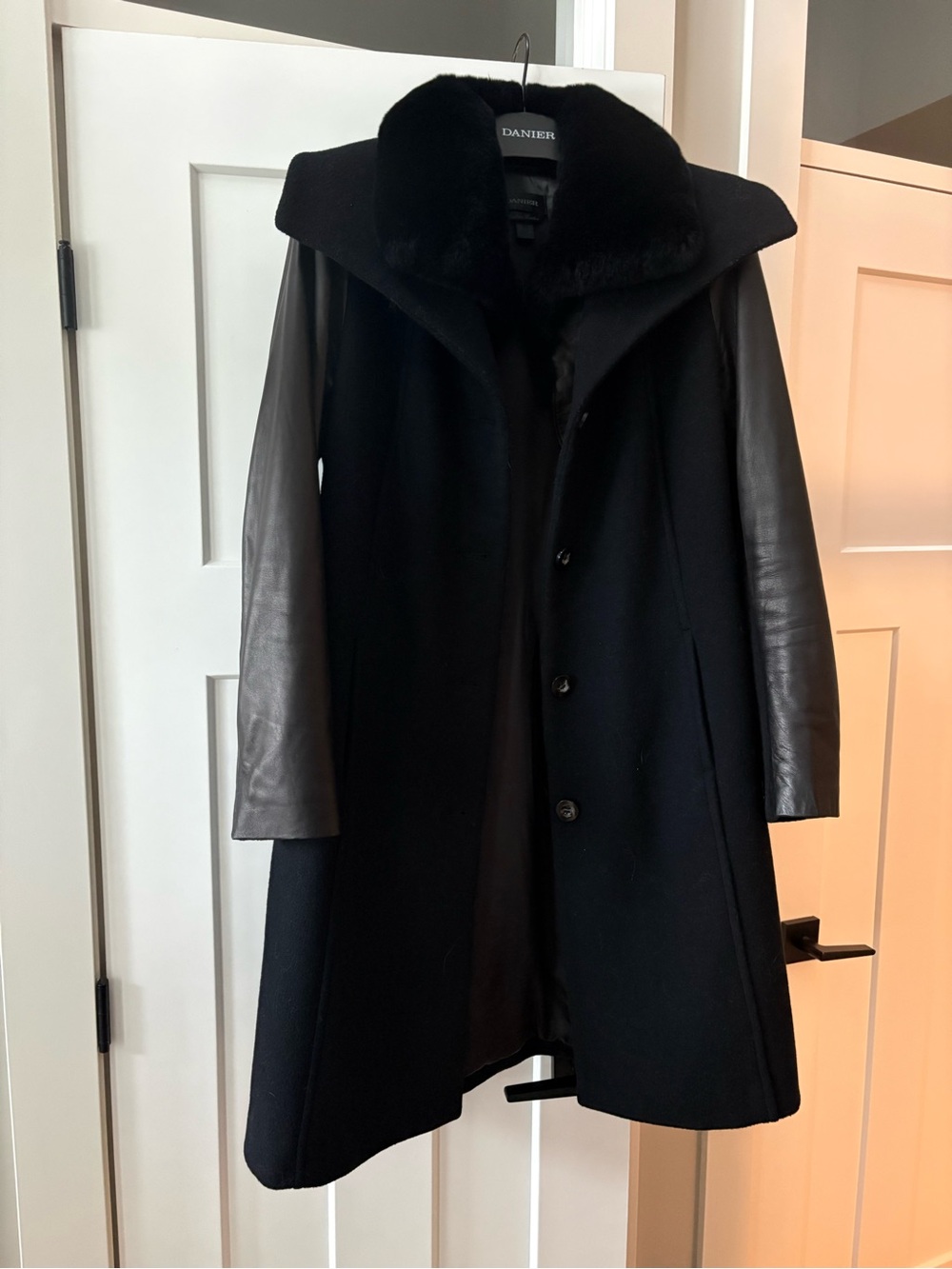 Danier Black Wool Coat with Leather Sleeves